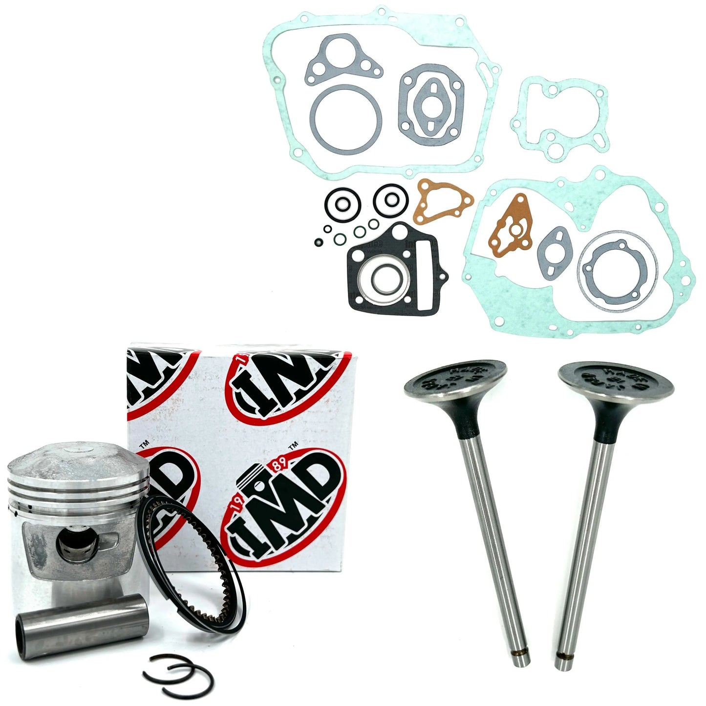 HONDA C70 PISTON KIT (1) INLET VALVE (1) EXHAUST VALVE (1) & GASKET SET (1) IMD Pistons